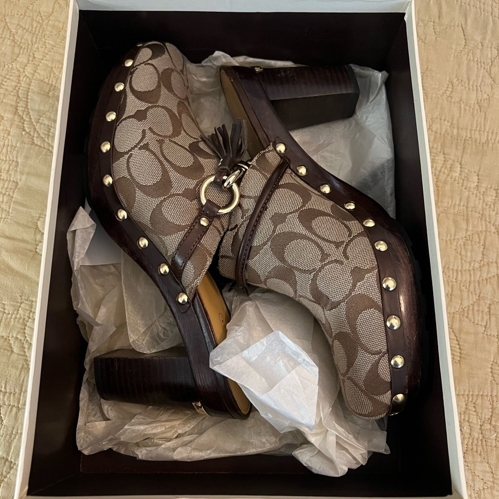 Coach signature Brown Print Mules/Clogs with Tassel and gold hardware 11M in box